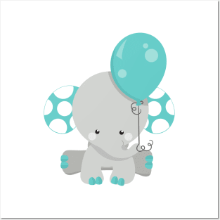 Elephant With Balloon, Cute Elephant - Blue Gray Posters and Art